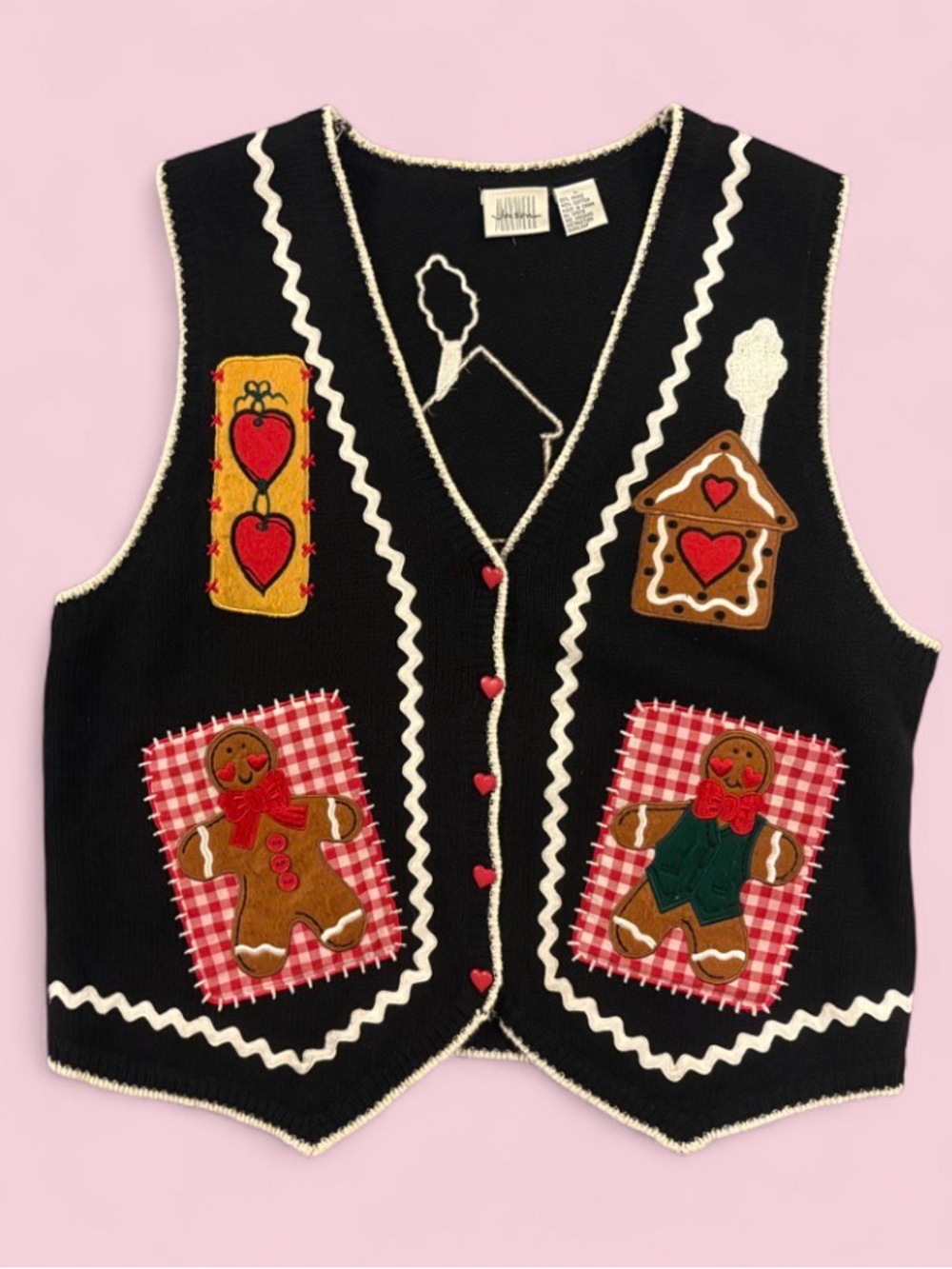 Vintage Jason Maxwell Gingerbread Christmas Appliqué Sweater Vest Black Sz L